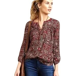 Anthropologie One September Long Sleeve Embroidered‎ Red Floral Top M
